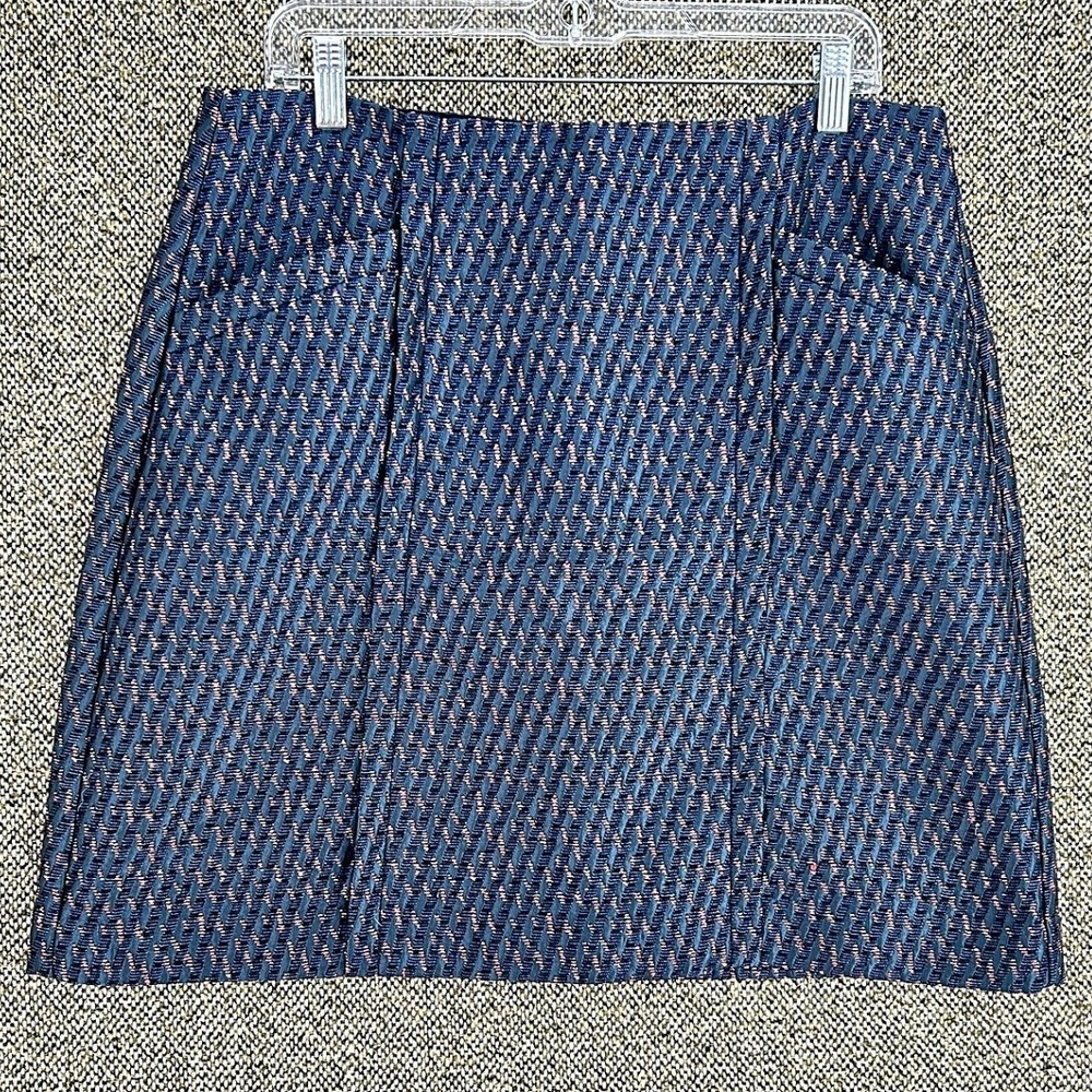 LOFT Ann Taylor Skirt Textured Geometric Jacquard Metallic Blue Pink Wool Sz 12